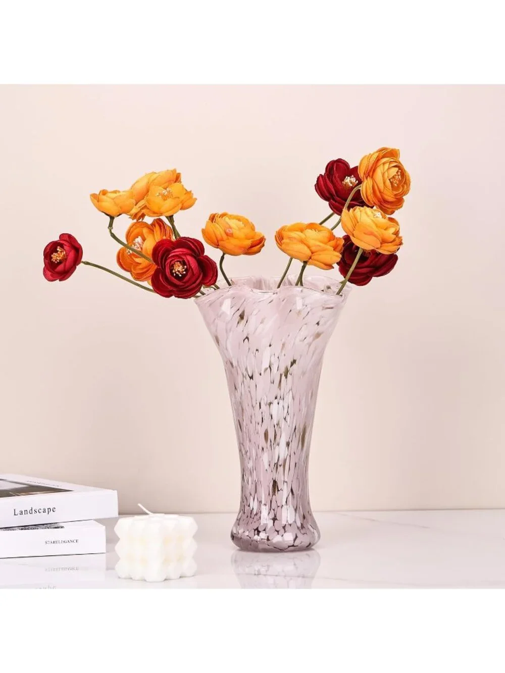 9.0 Pink Glass Vases For Flower Bouquet Unique Hand Blown Wide Mouth Shelf Deco